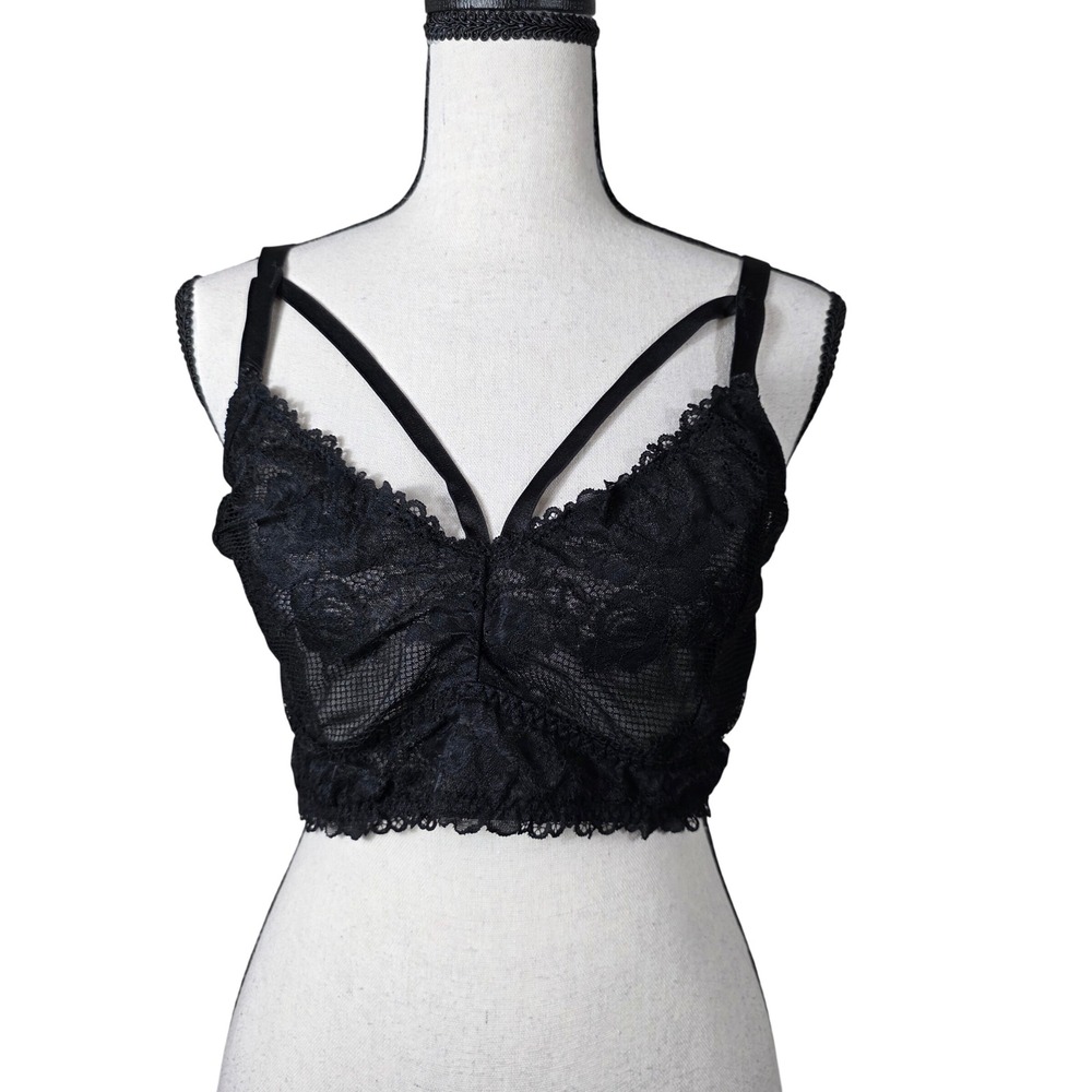 Torrid Lace Bralette Black Strappy Cage Floral Mesh Plus Size 1 Lingerie, Goth